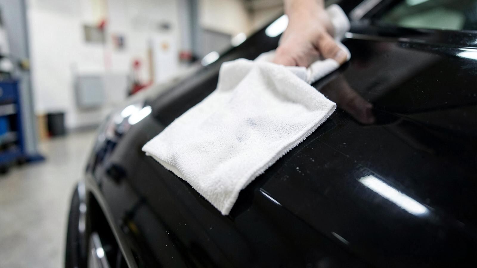 Detailing a glossy black car panel with a microfibre cloth