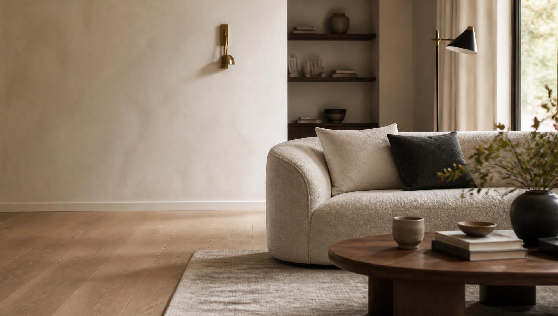 Sunlit modern living room with a linen sofa, walnut coffee table and wide oak floors