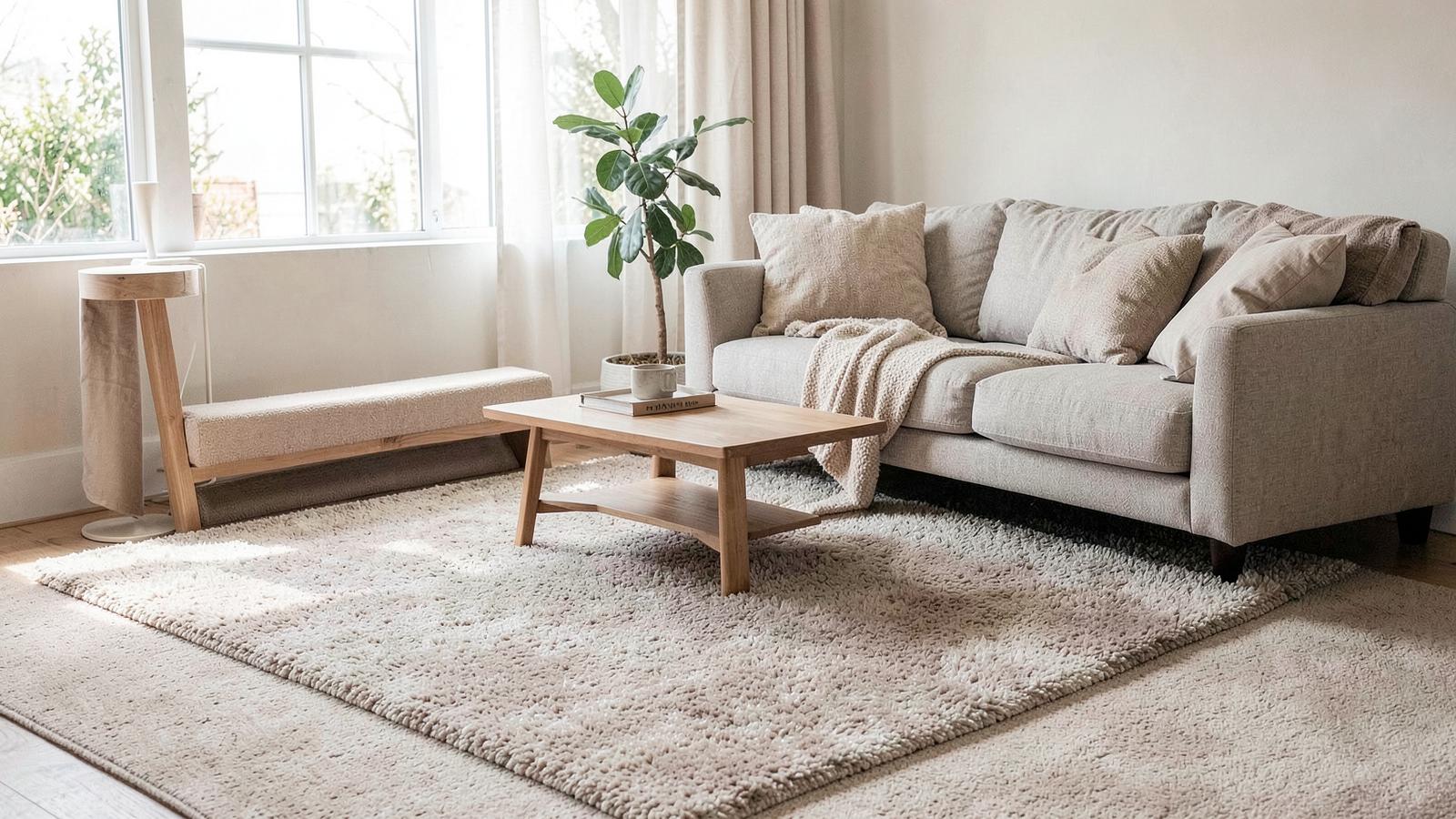 Living room with a deep-pile area rug, sofa and coffee table in daylight