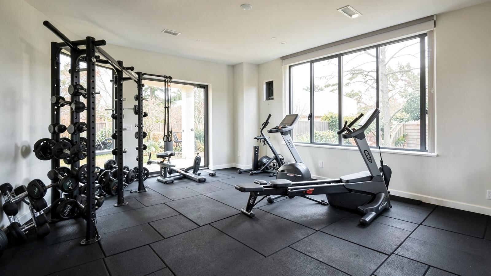 Home gym with a weight rack, bench and cardio equipment