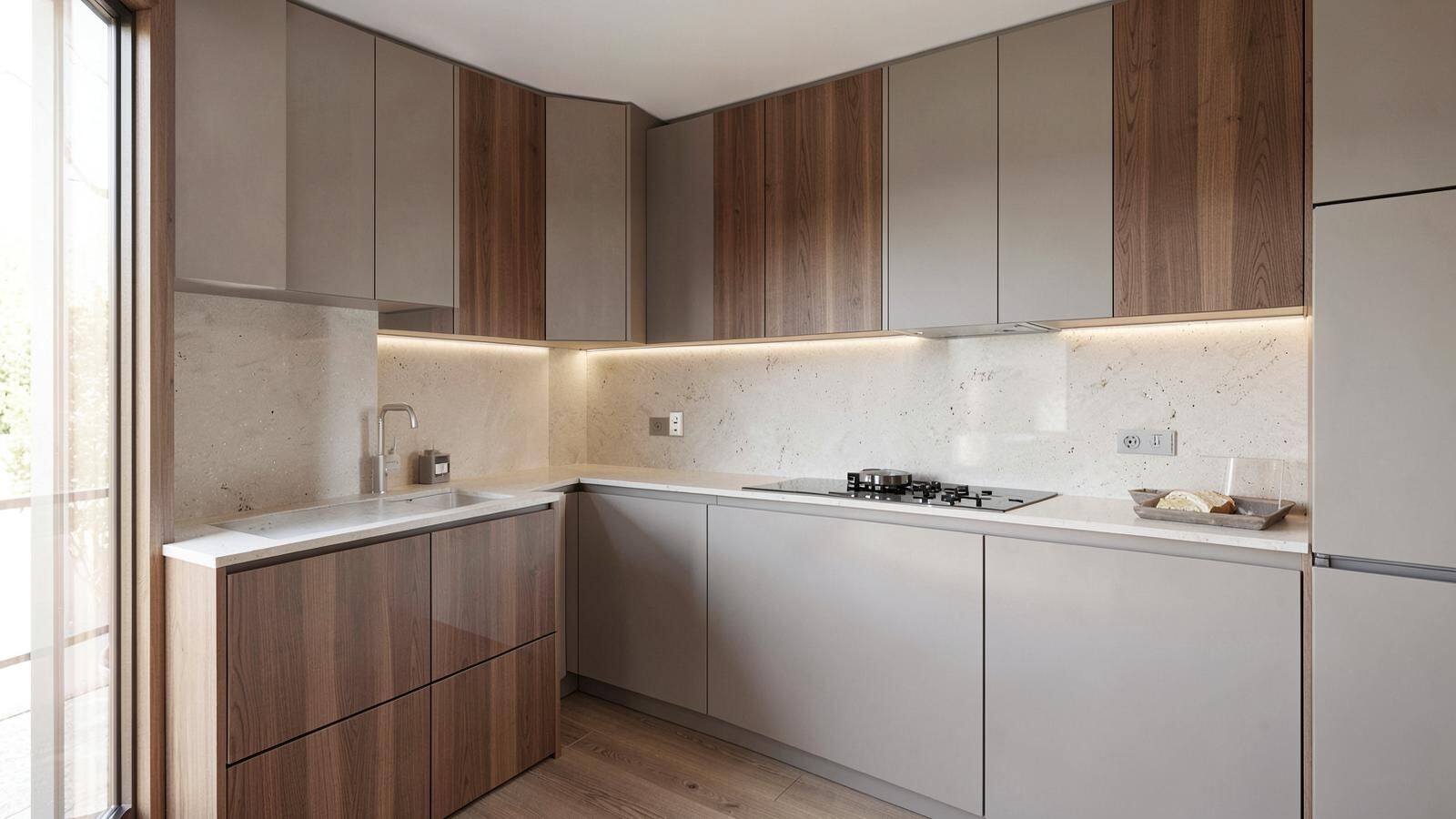 Modern kitchen with stone countertops and warm wood cabinetry