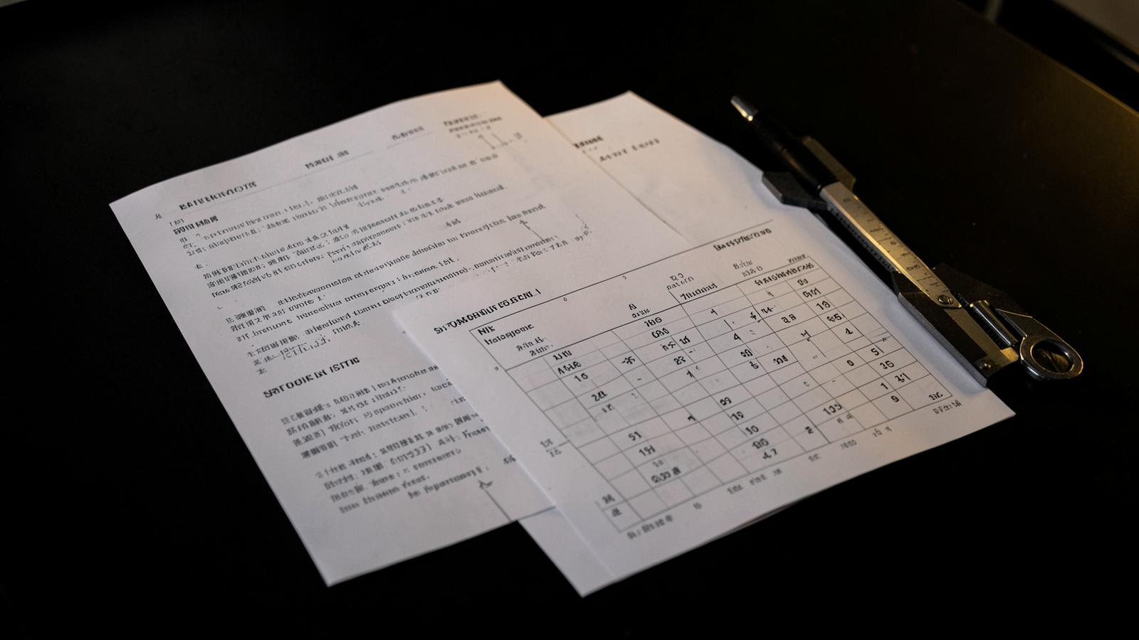 Printed product specification sheets and a comparison chart on a dark desk