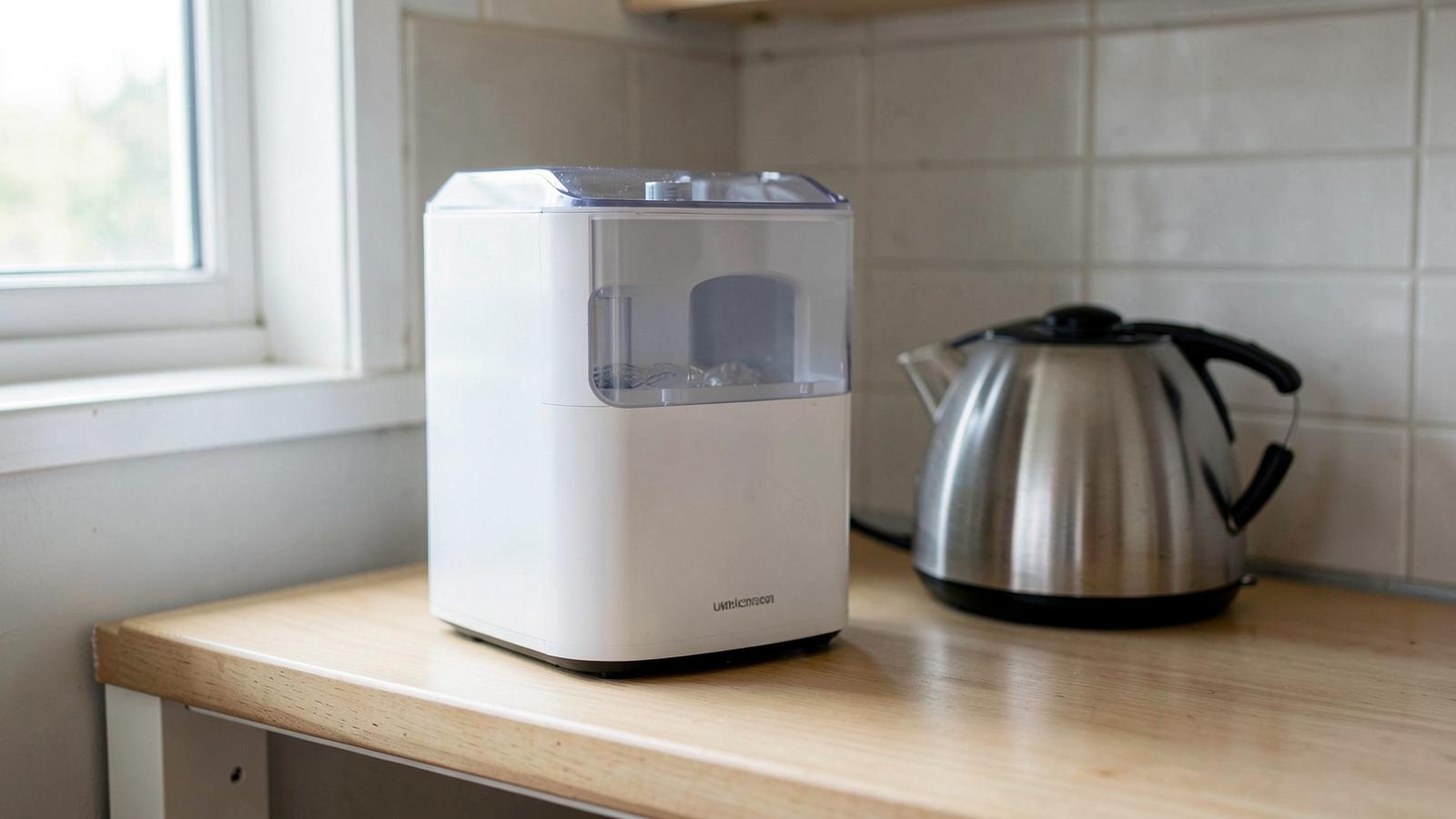 Compact budget ice maker on a small apartment kitchen counter