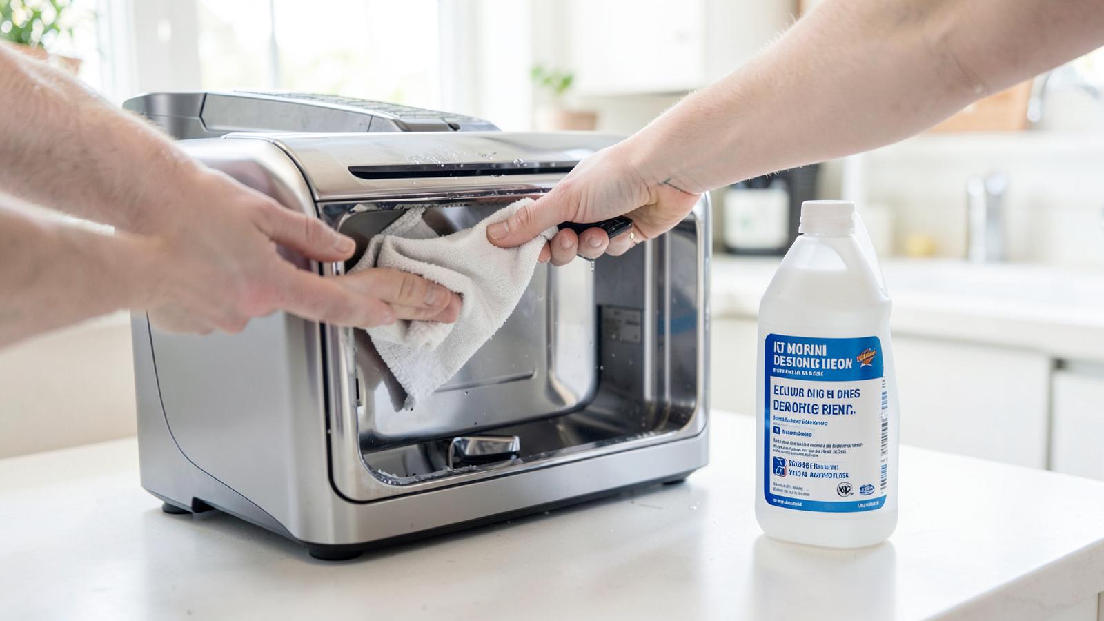 Hands wiping out the reservoir of a countertop ice maker beside descaling solution