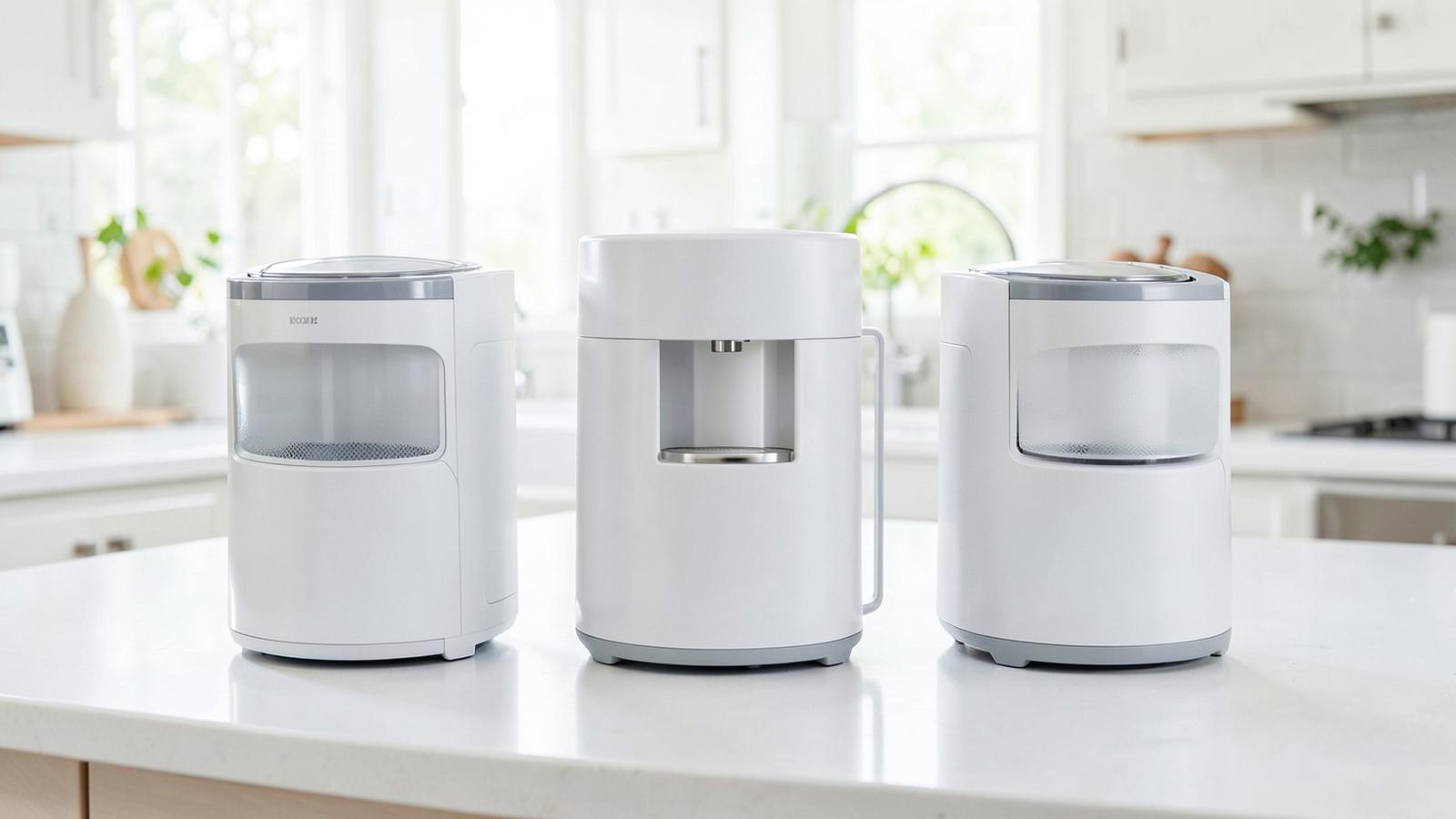 Three countertop ice makers lined up on a bright kitchen counter