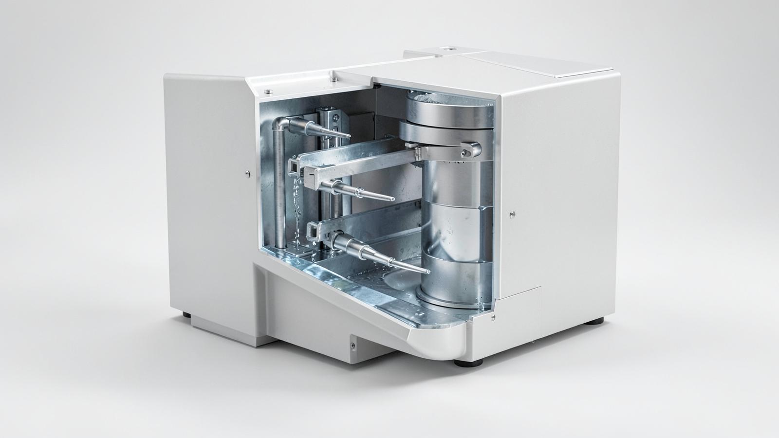 Cutaway view of an ice machine showing chilled prongs and water tray