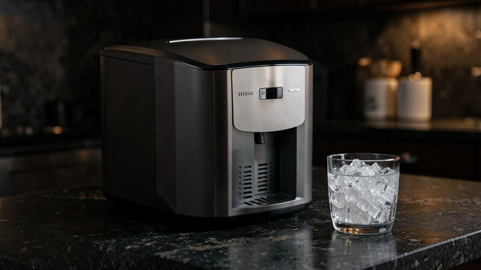 Countertop nugget ice machine on a dark kitchen worktop beside a glass of pellet ice