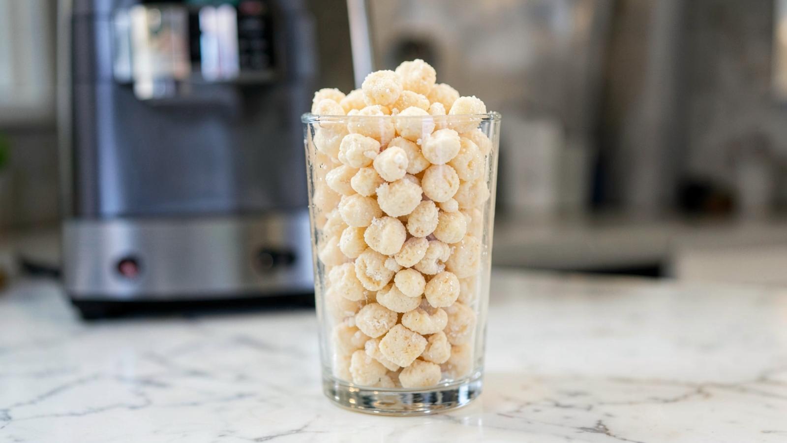 Tall glass filled with soft chewable nugget pellet ice