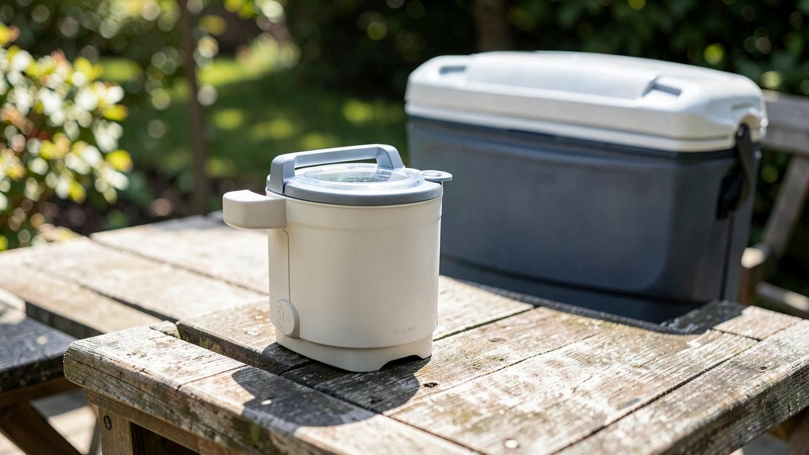 Small portable ice maker with a carry handle on a patio table beside a cooler