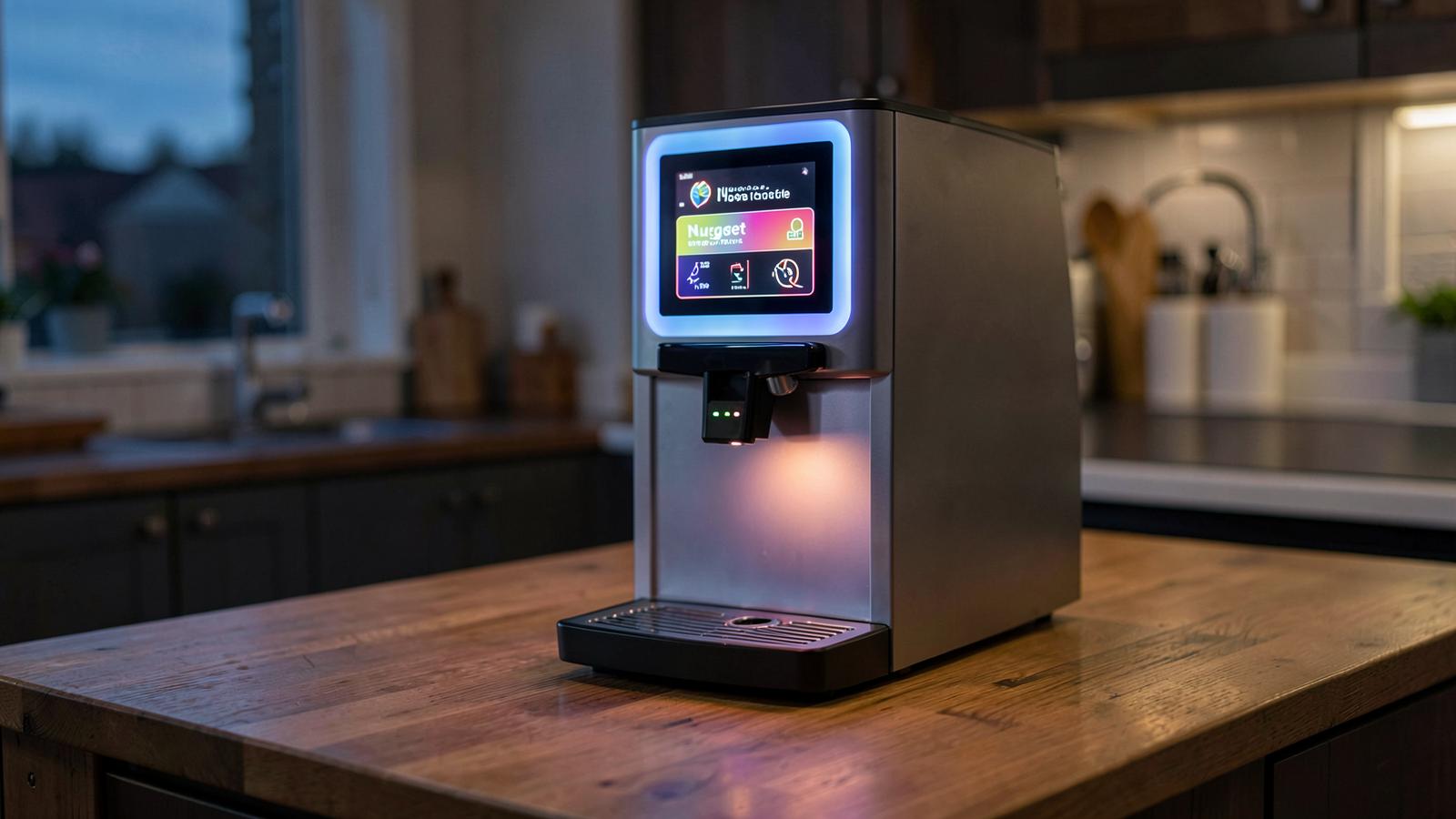 Nugget ice maker with a glowing colour display panel on a wooden counter