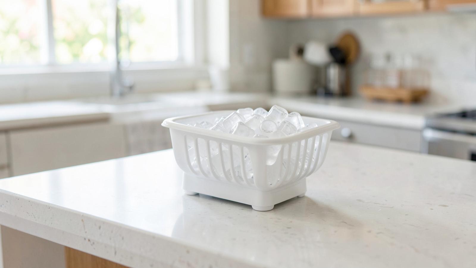 Basket of hollow bullet ice cubes on a bright kitchen island