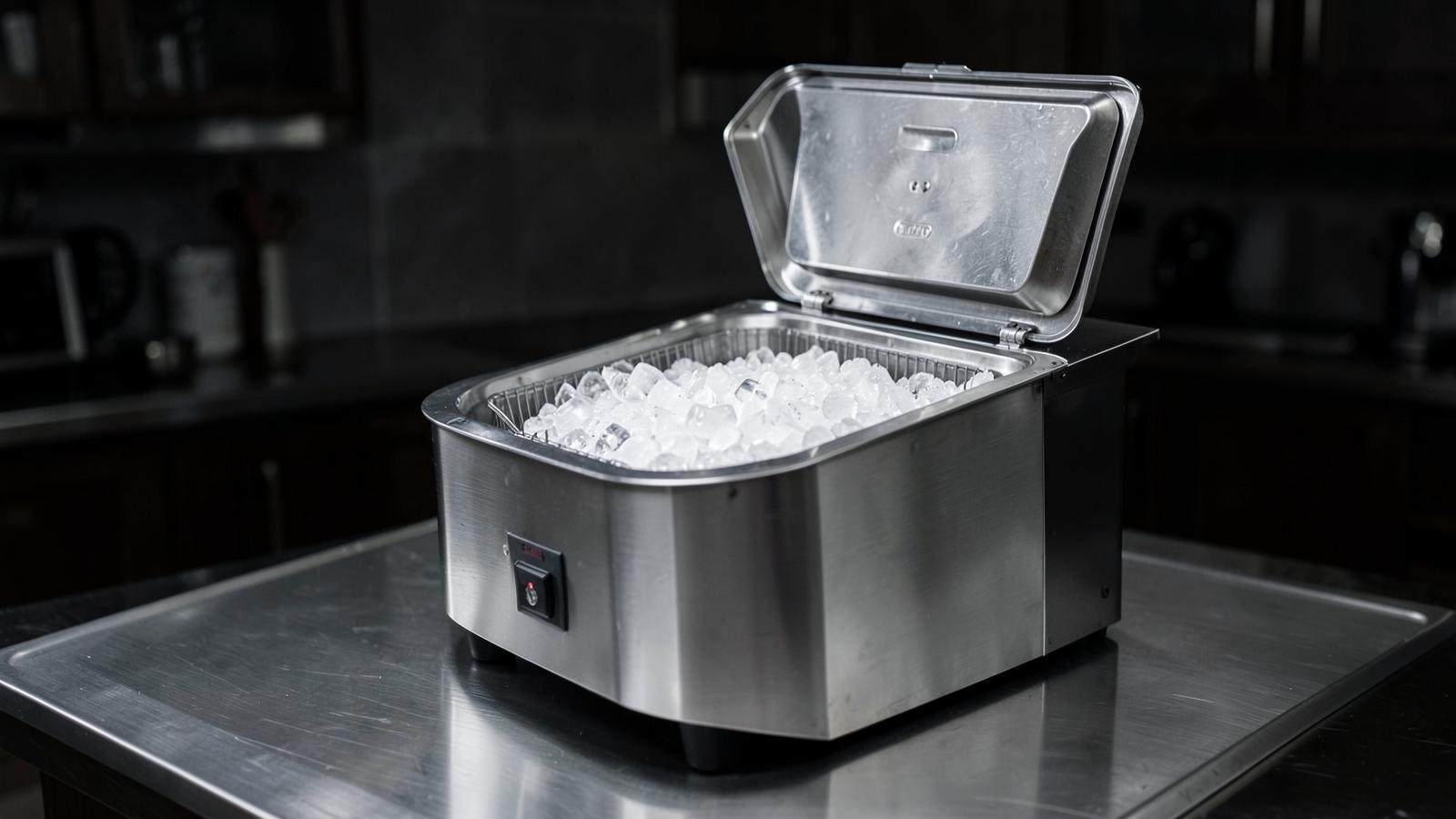 Countertop nugget ice machine with its lid open showing ice in the basket