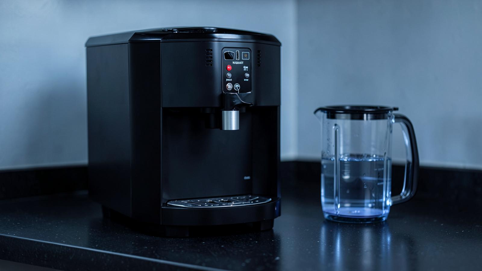 Black nugget ice machine beside a water filter jug on a dark counter