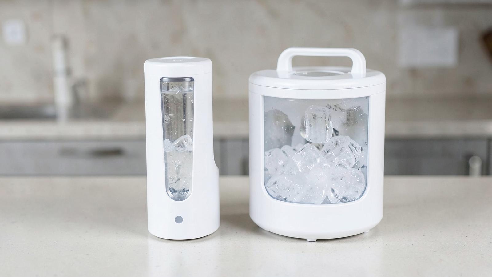A slim and a handled budget countertop ice maker side by side