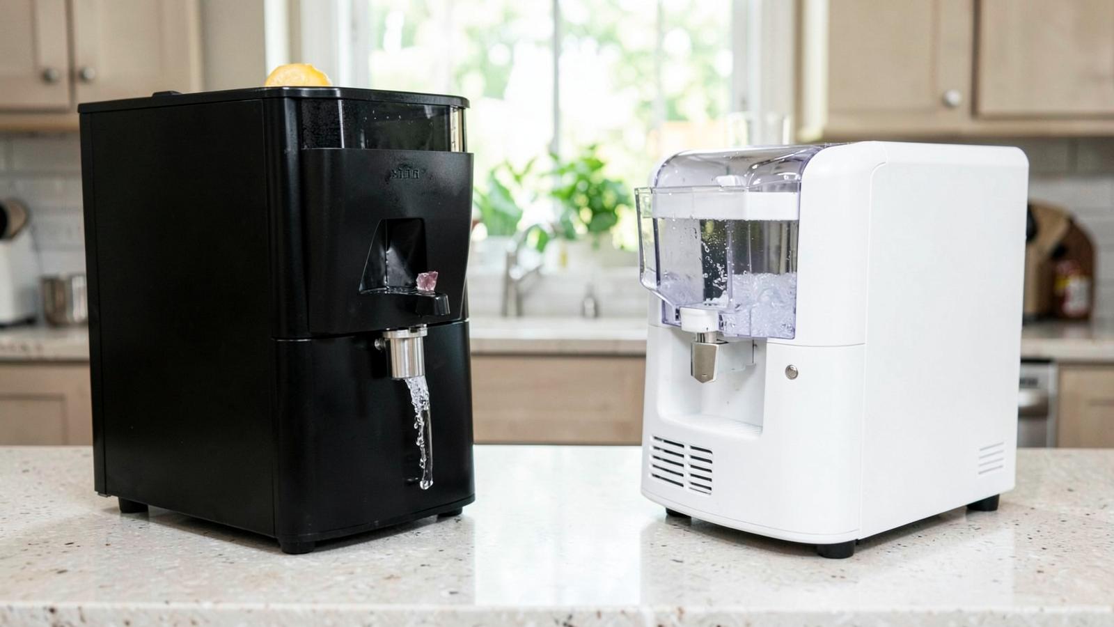 A black and a white nugget ice machine facing each other on a counter