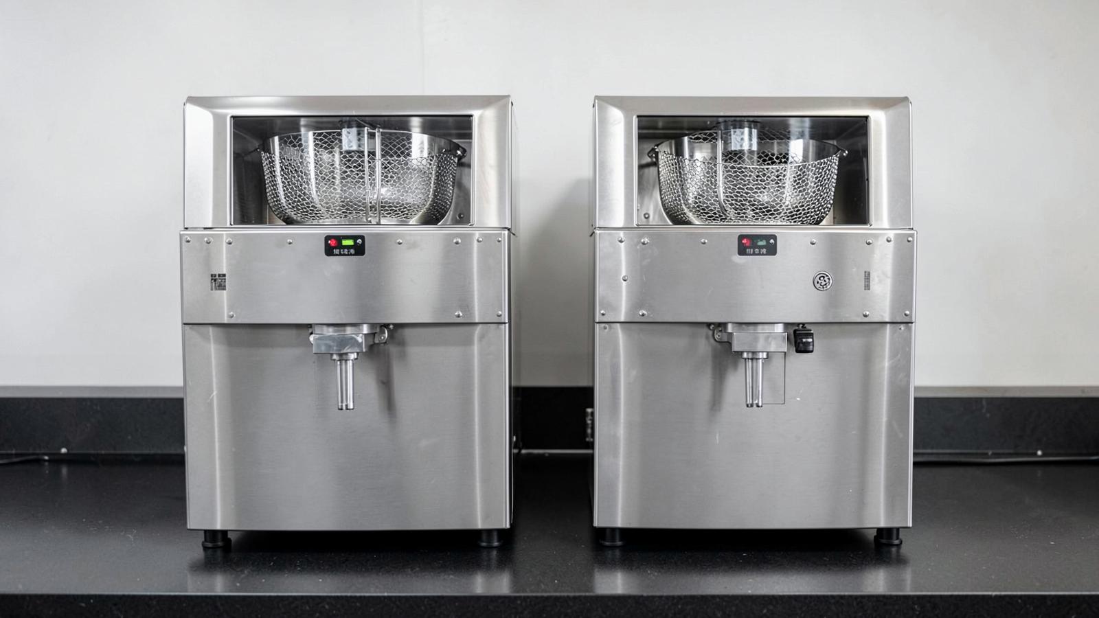 Two near-identical stainless nugget ice machines side by side