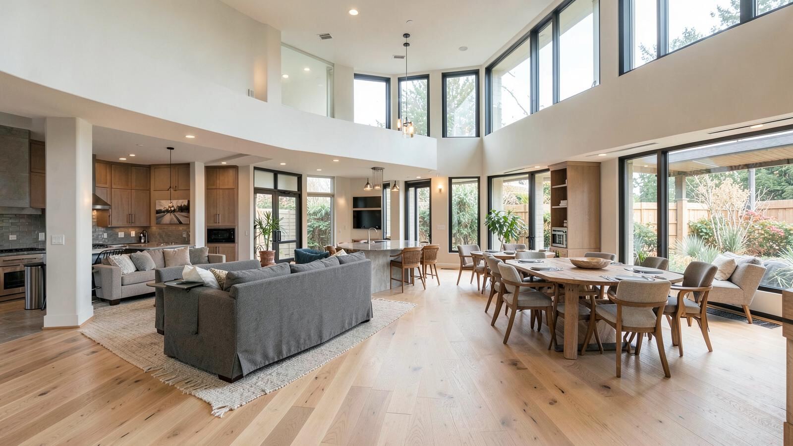 Spacious open-concept living and dining area with wide hardwood floors