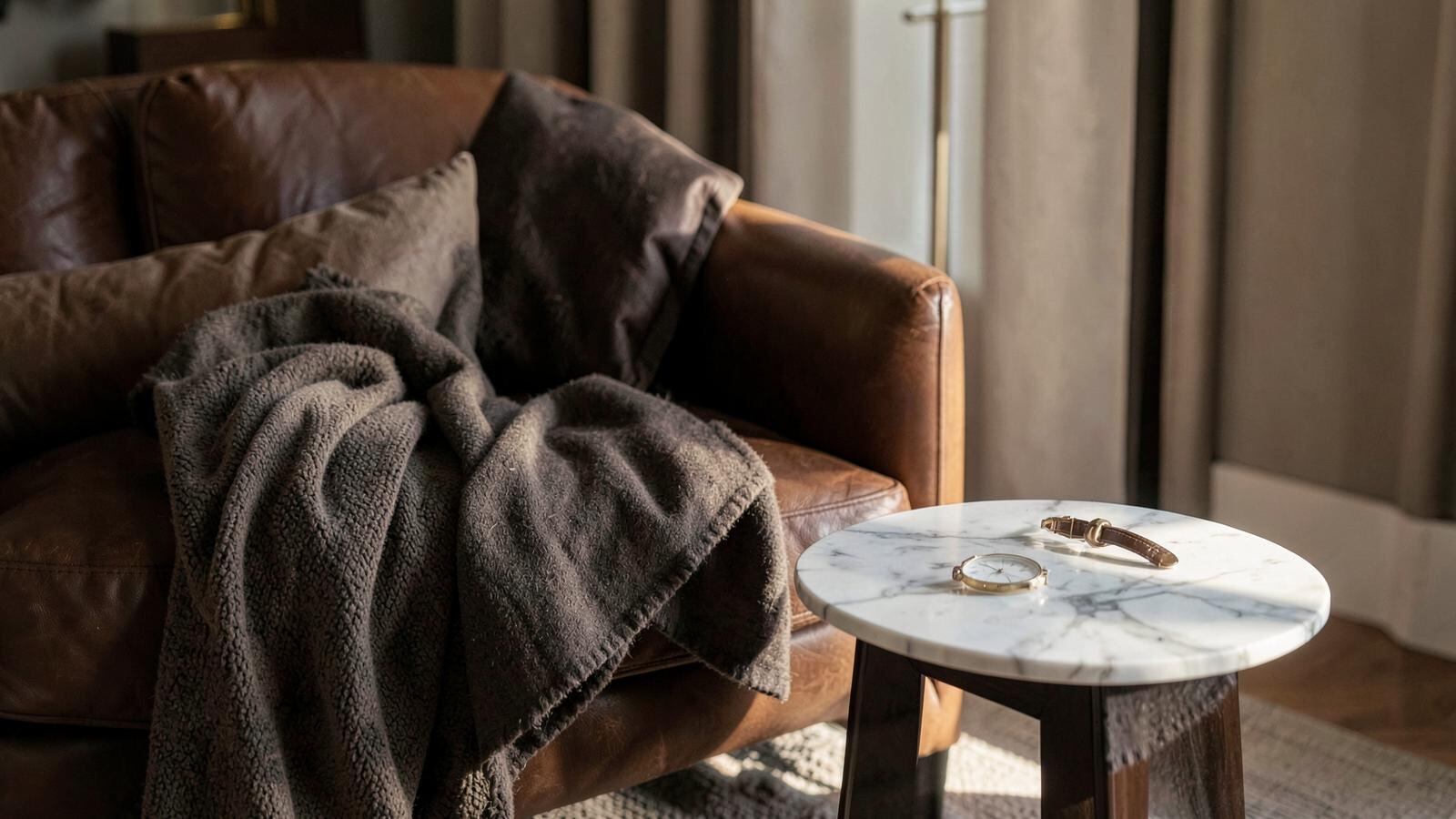 Leather armchair with a wool throw and a watch on a marble side table