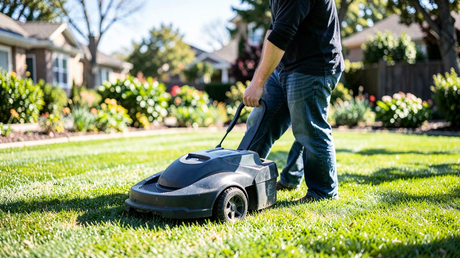Robotic lawn mower working across a striped suburban lawn