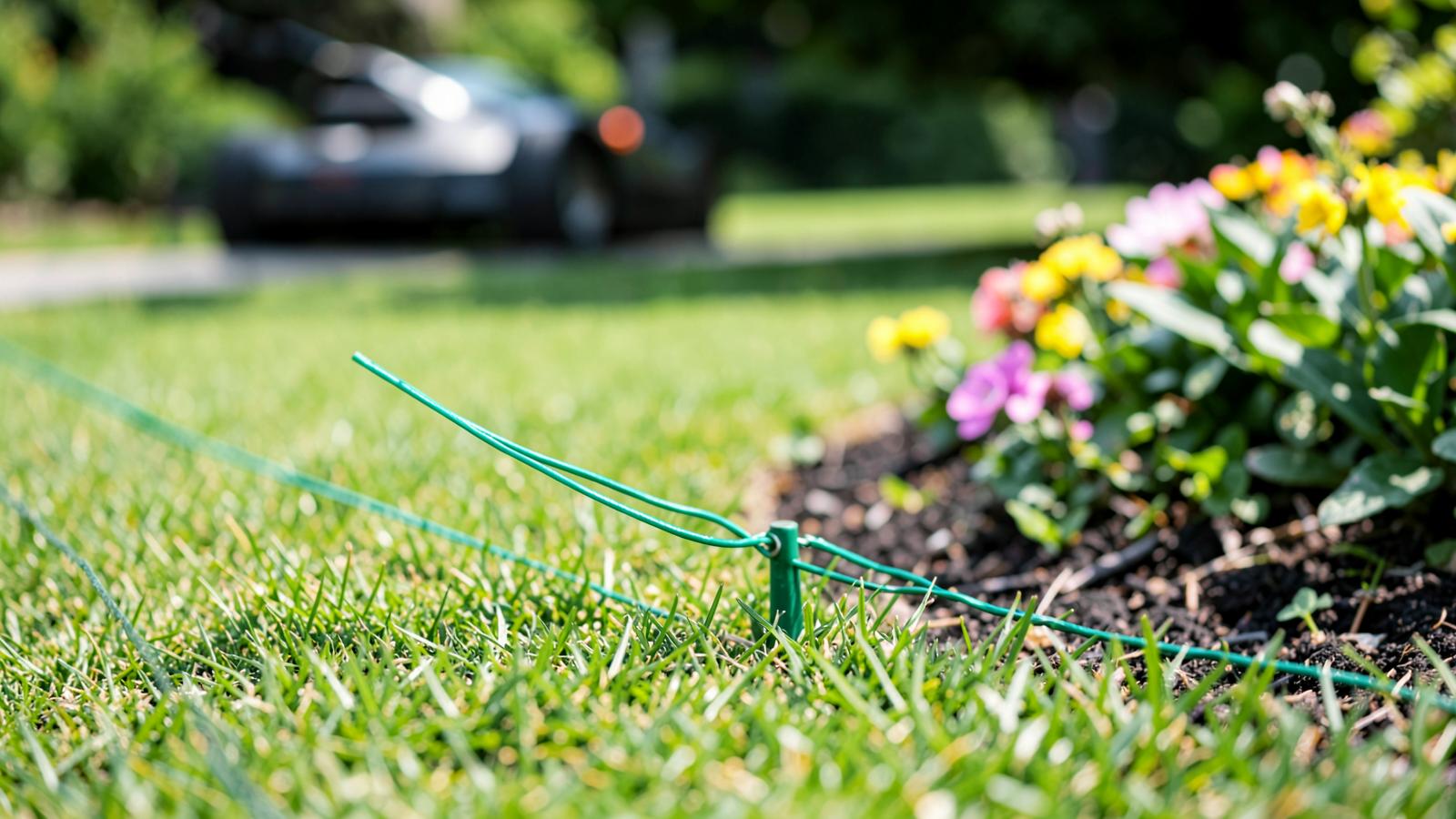 Boundary wire being pegged along the edge of a lawn
