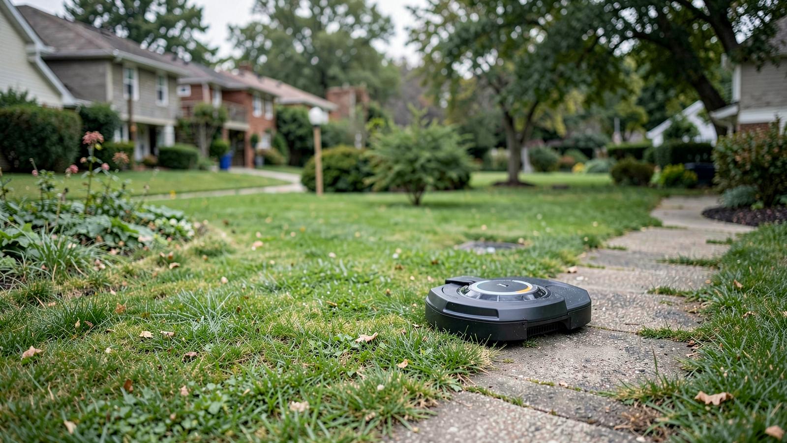 Entry-level robotic mower on a simple rectangular suburban lawn
