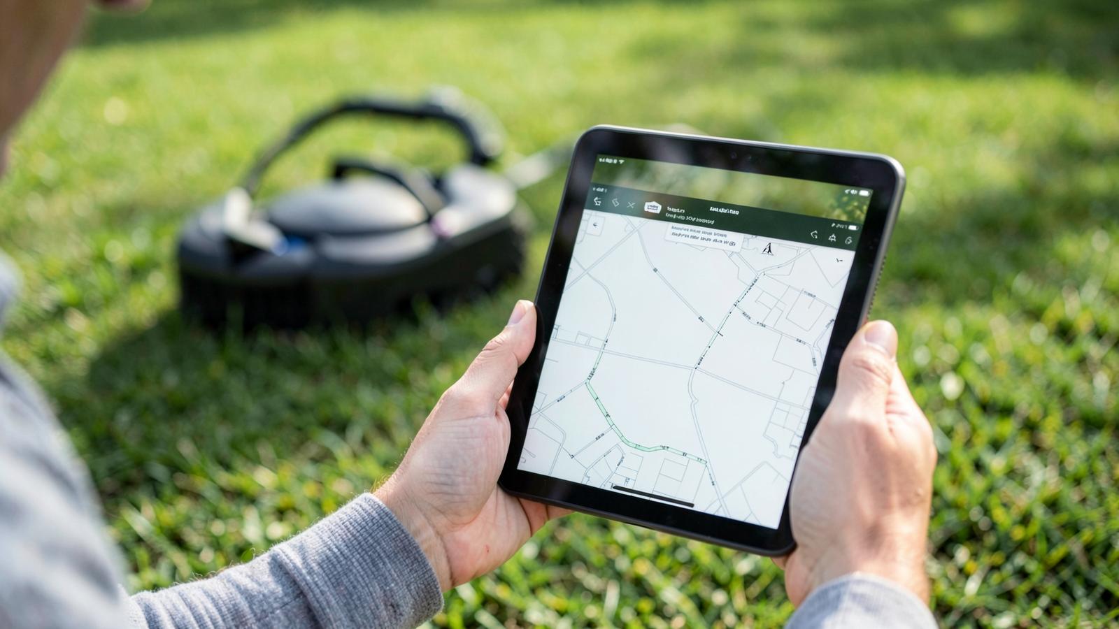 Robotic mower parked on grass beside its charging dock