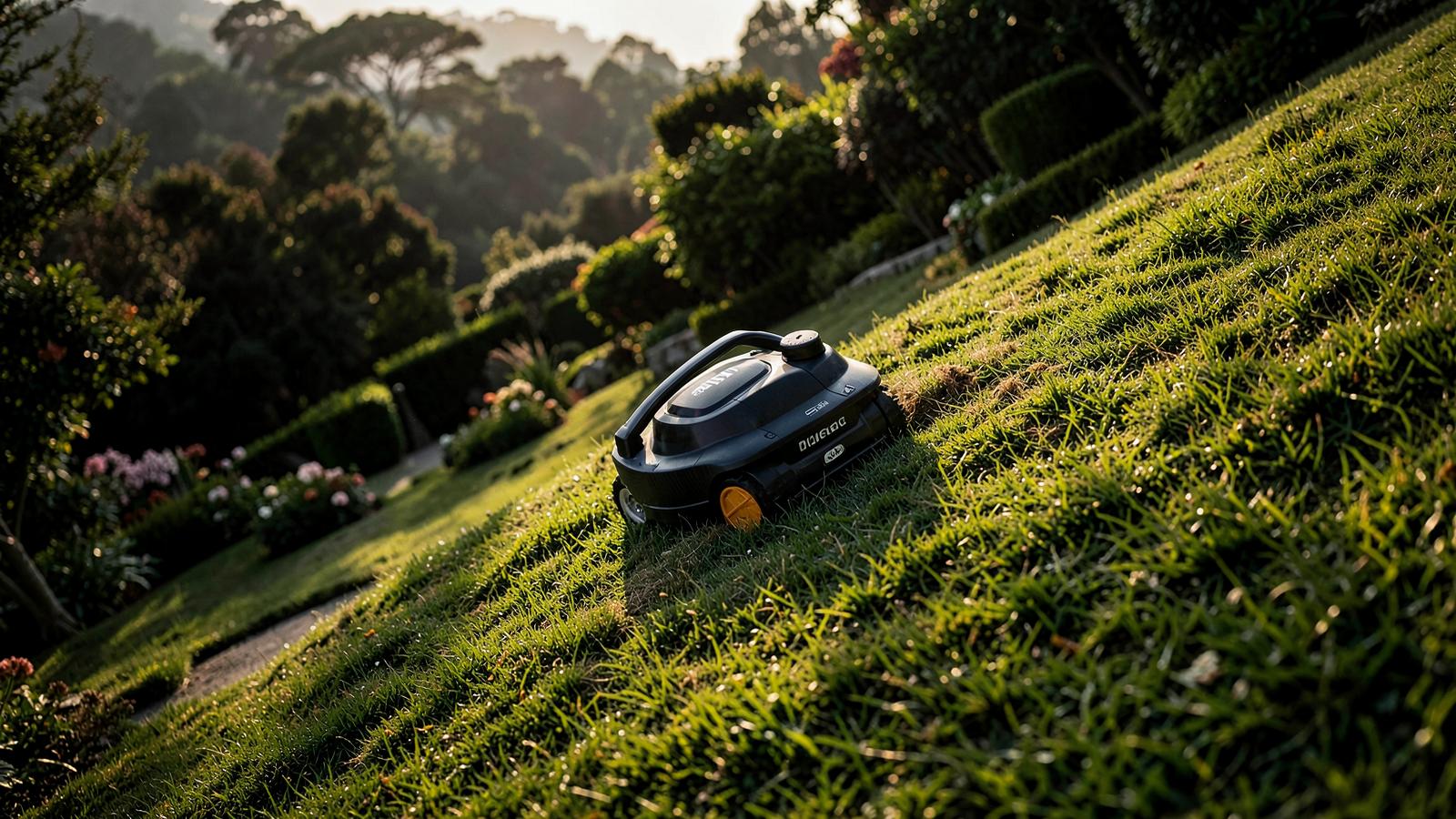 Robotic mower climbing a grassy slope in a garden