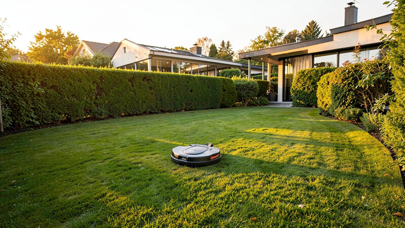 Robotic lawn mower cutting a wide, well-kept garden lawn