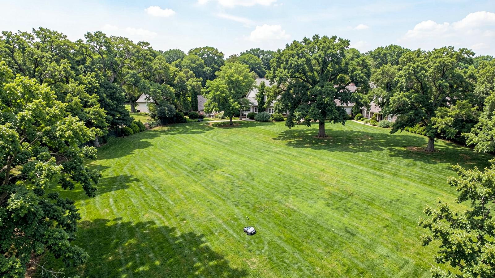 Robotic mower crossing a large open estate lawn