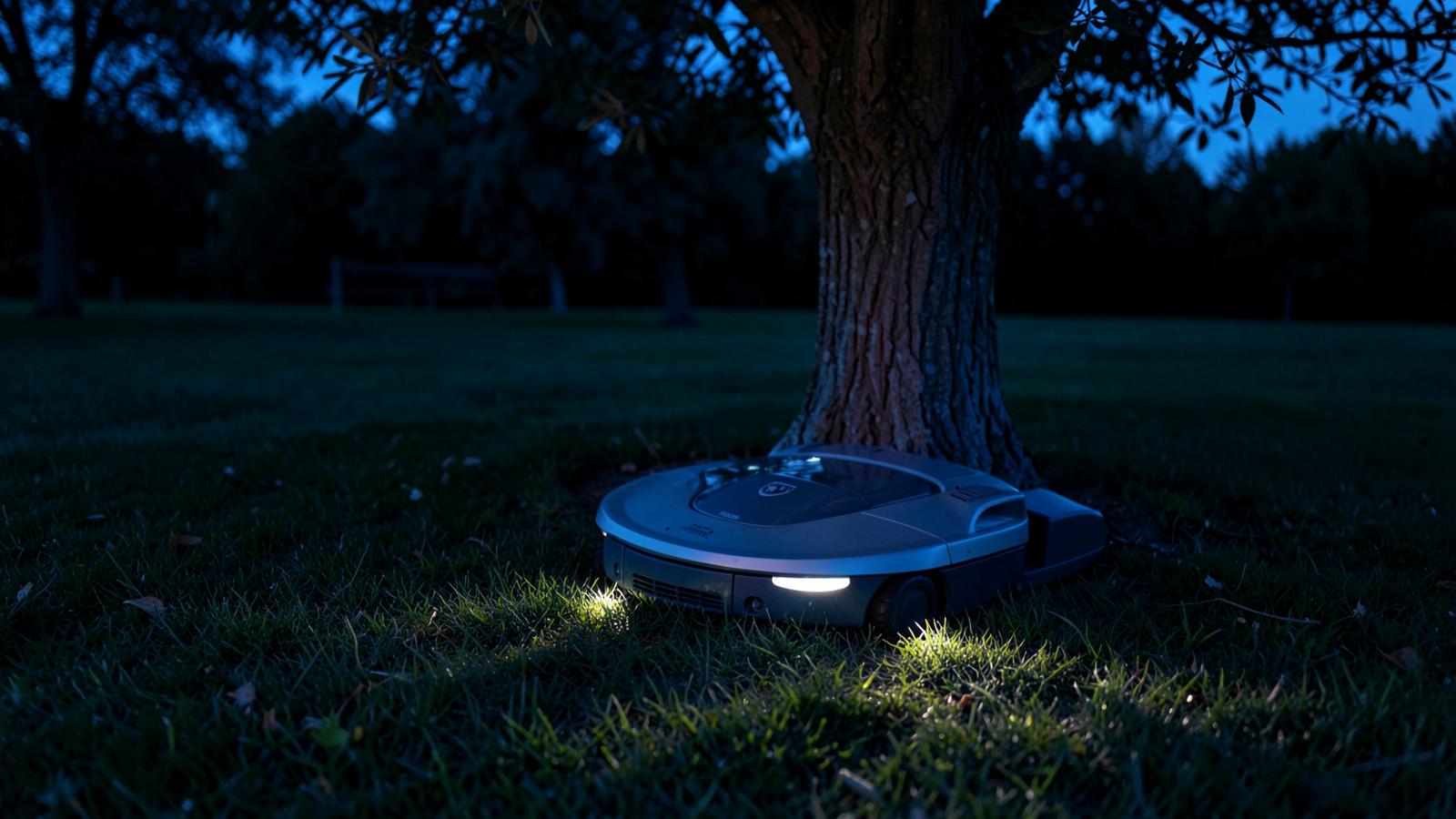 Robotic mower following a systematic mowing path across grass
