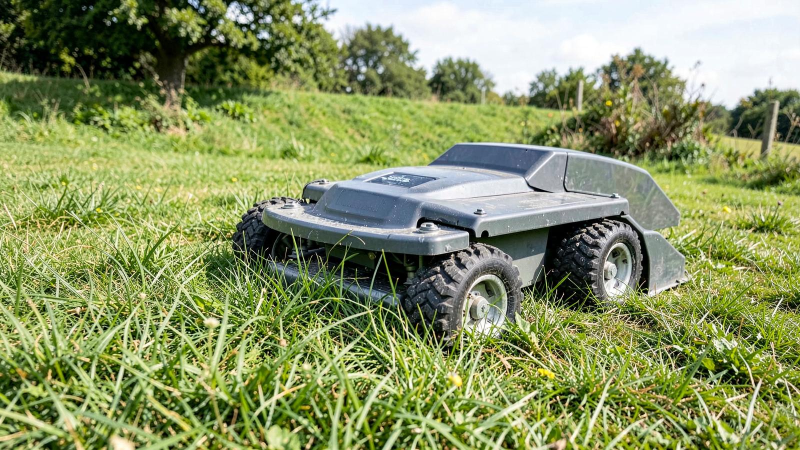 All-wheel-drive robotic mower on uneven grassy ground