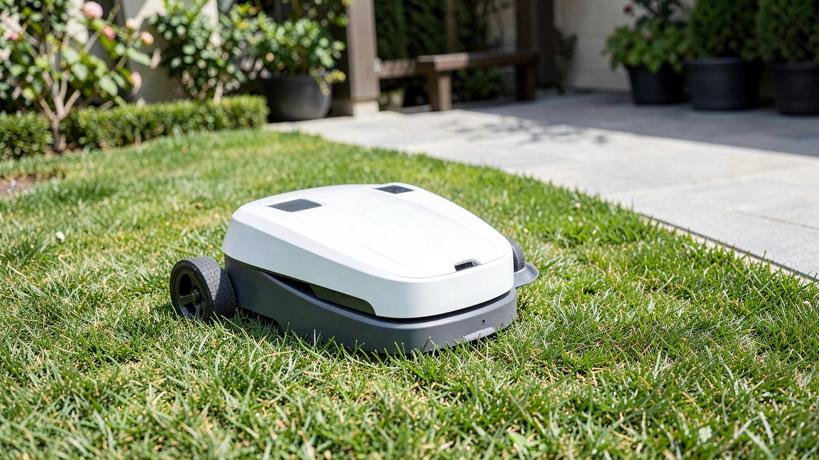 Small robotic mower cutting a compact lawn