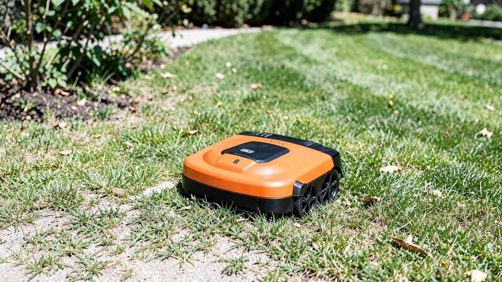 Budget robotic mower docked at the edge of a lawn