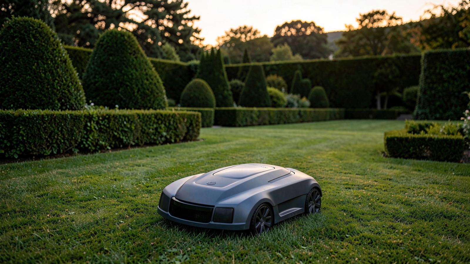 Large robotic mower with a camera module on an open lawn