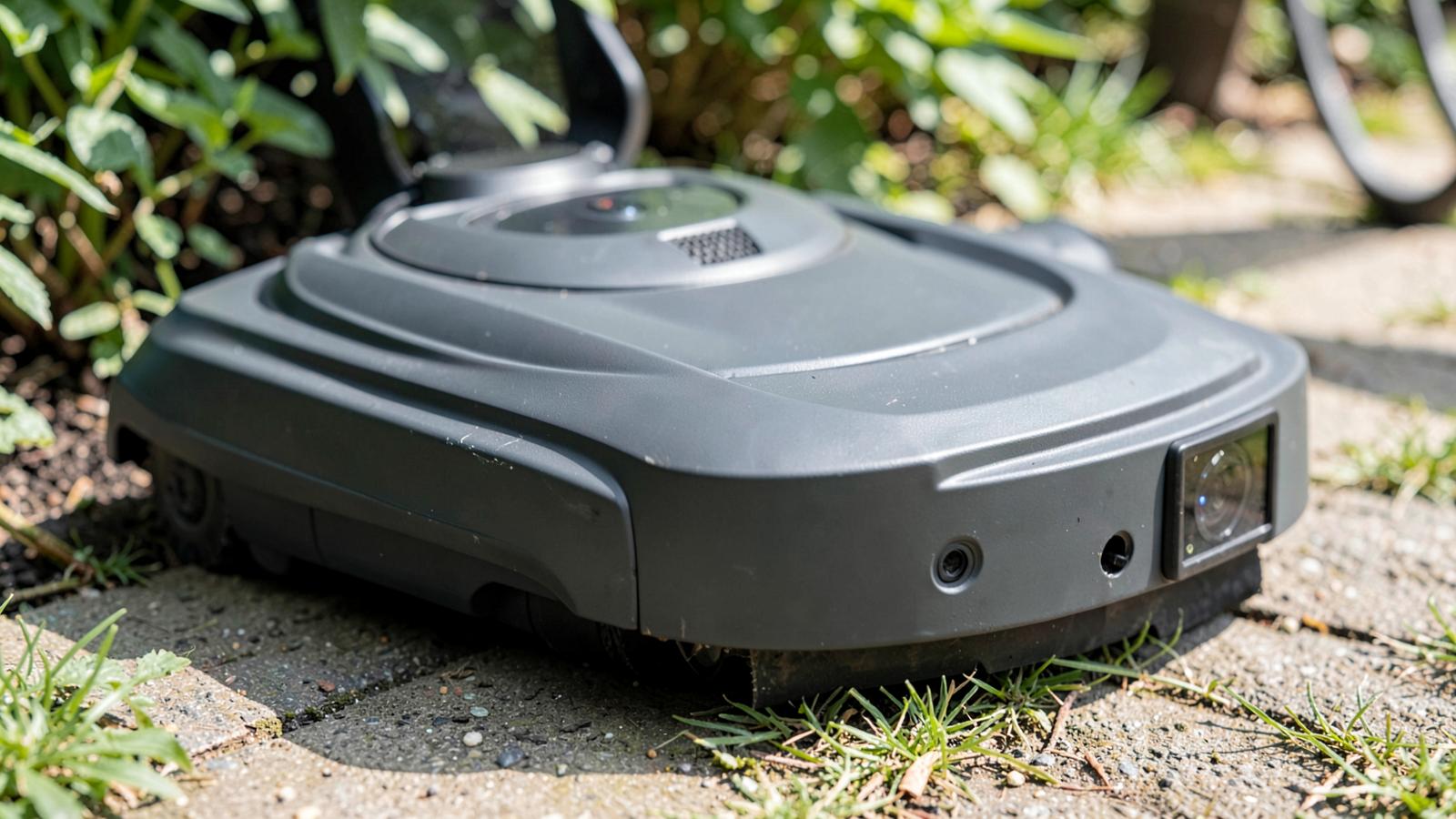 Robotic mower working beneath mature garden trees