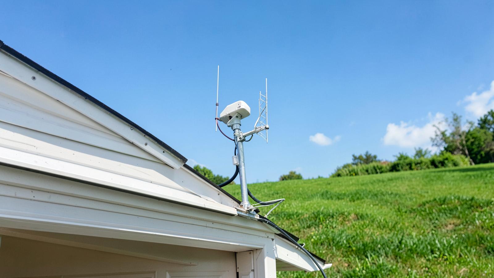 Satellite reference antenna mounted on a pole above a garden