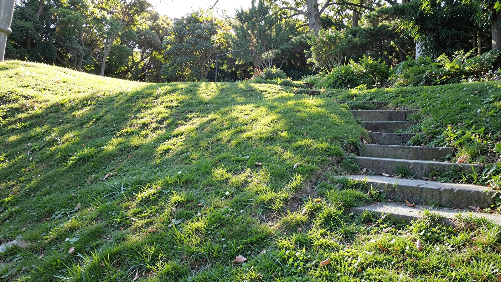Steep grassy bank in a garden with a robotic mower at the top