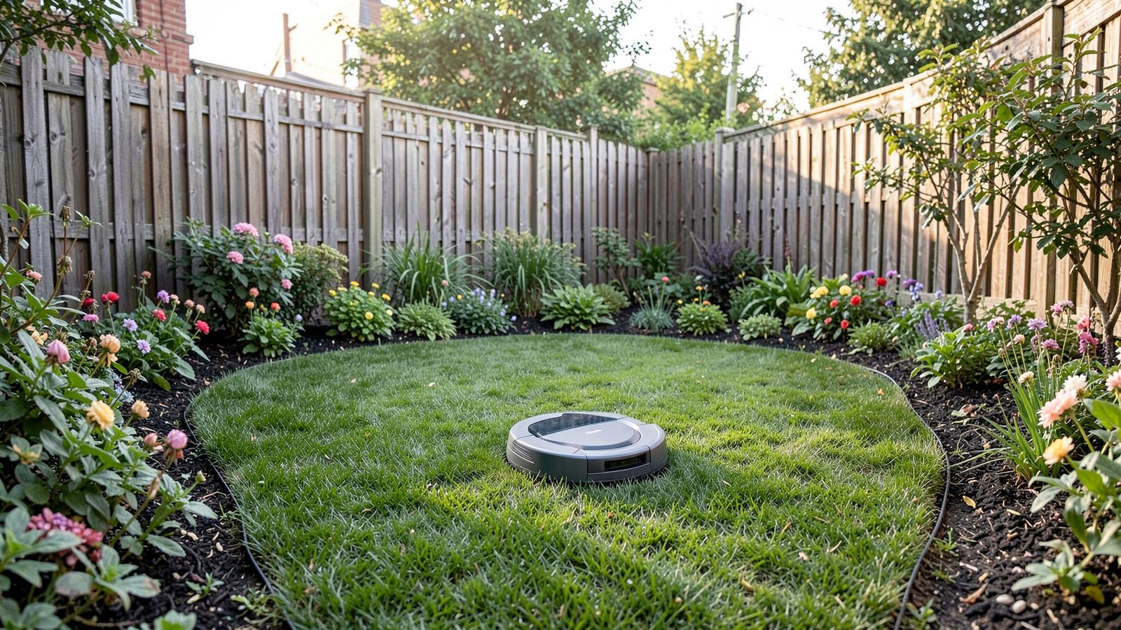 Compact robotic mower on a small enclosed back garden lawn