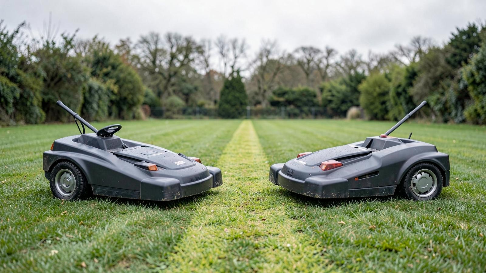 Two different robotic mowers facing each other on a lawn