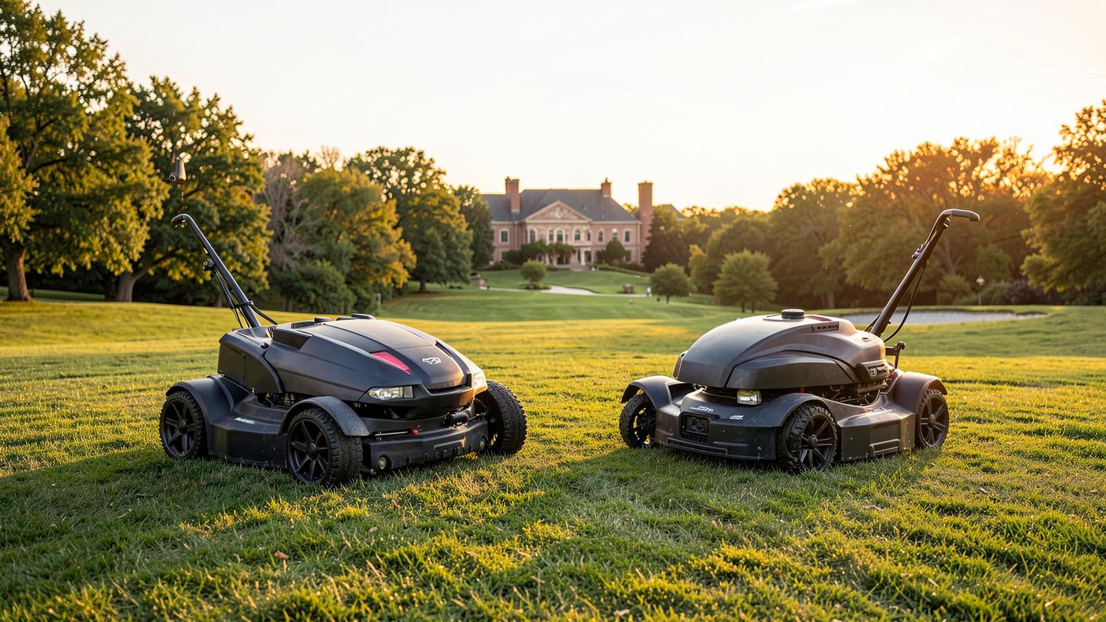 Two large robotic mowers parked side by side on an estate lawn