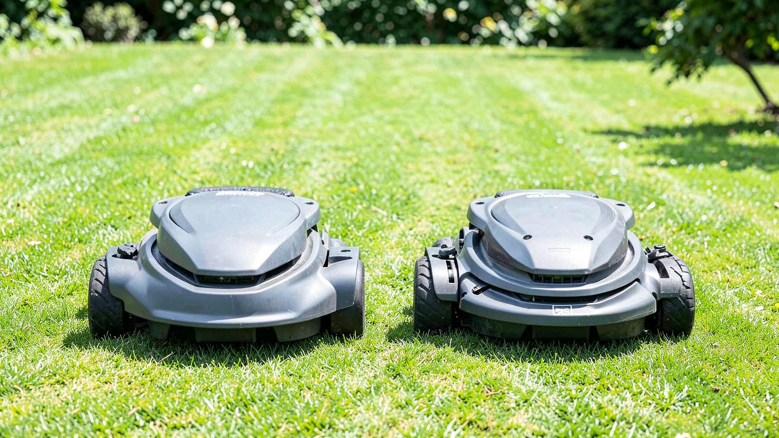Two robotic lawn mowers side by side on cut grass