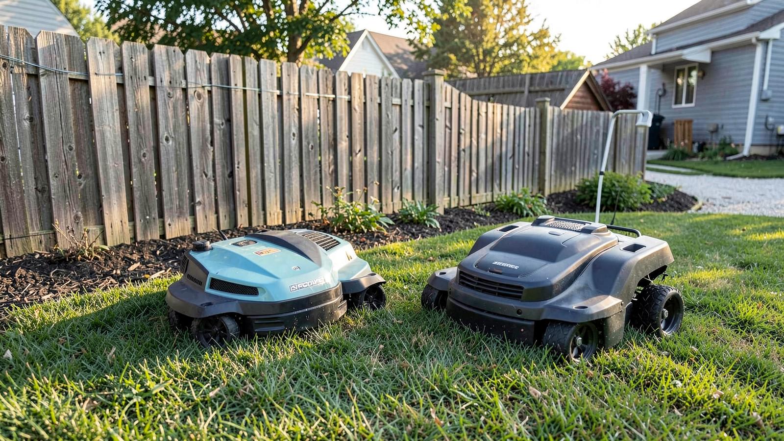 A wired and a wire-free robotic mower shown together on grass