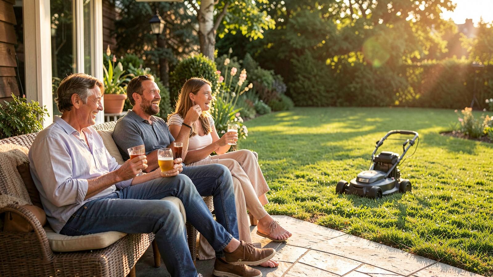 Robotic mower on a healthy lawn beside garden furniture