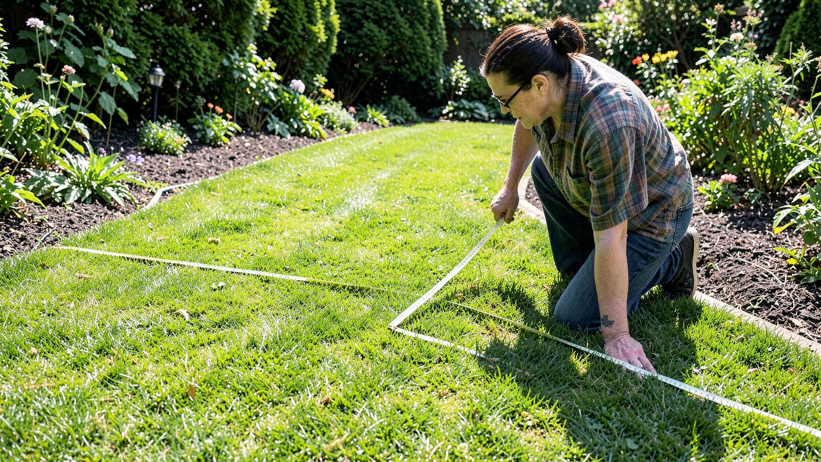 Lawn being measured with a tape across mown grass