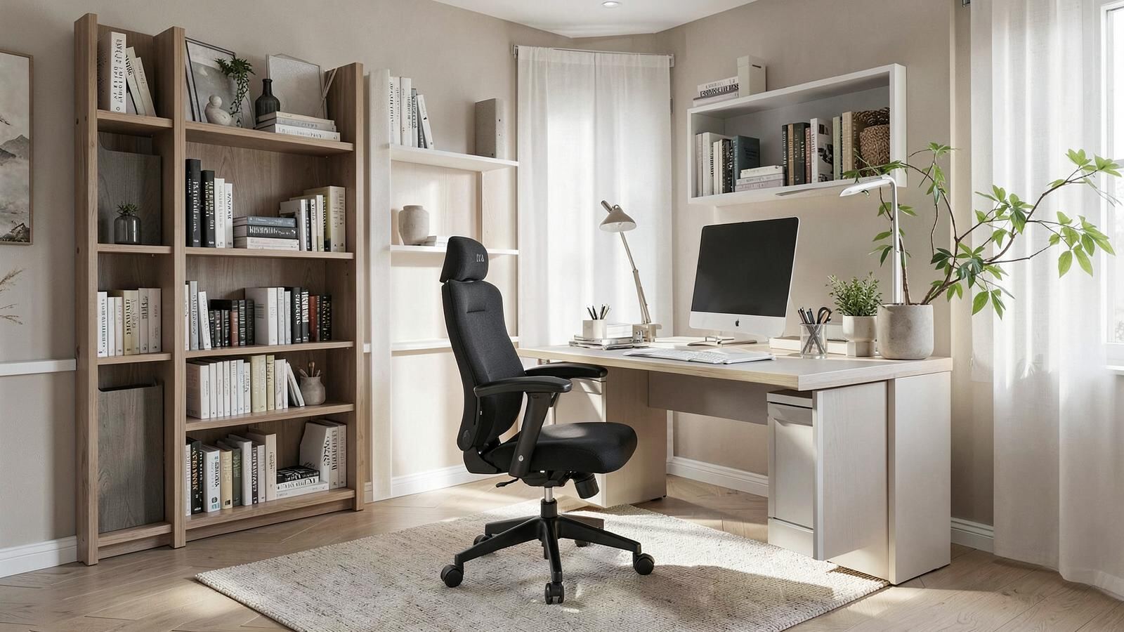 Home office with an ergonomic chair, desk and bookshelves