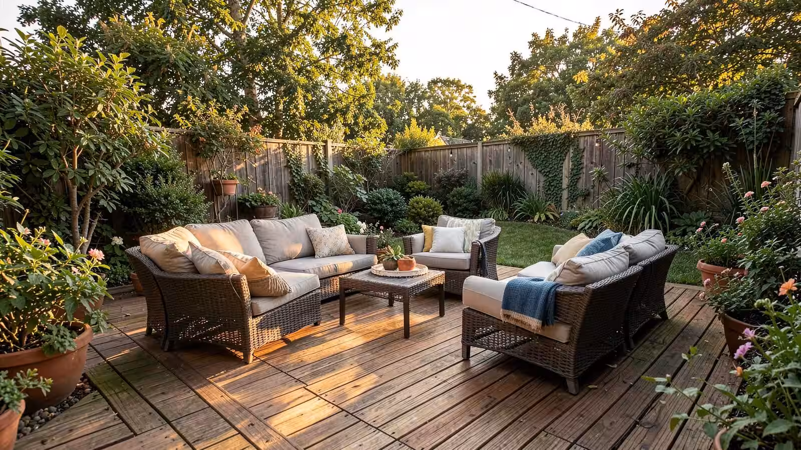 Backyard deck with patio lounge seating in late afternoon light