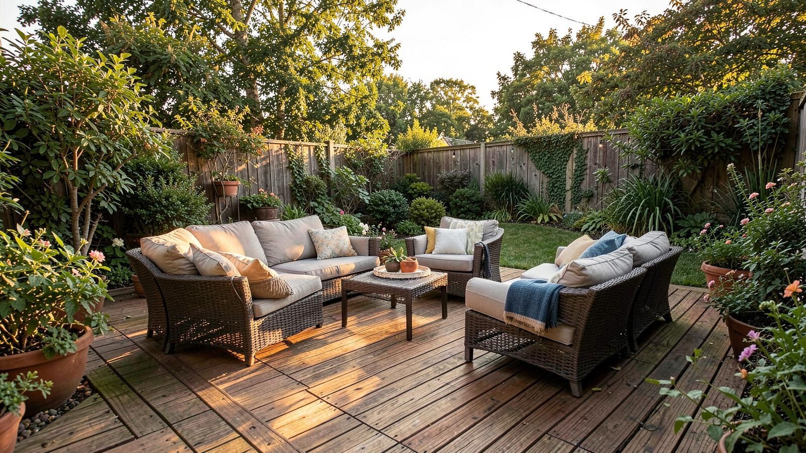 Backyard deck with patio lounge seating in late afternoon light