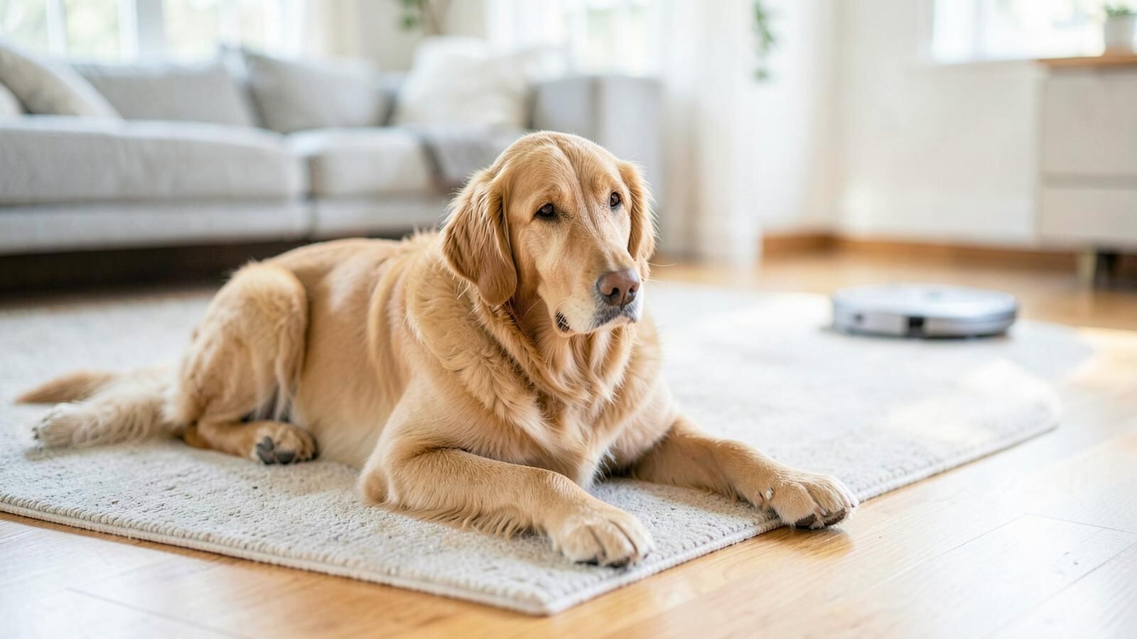 Golden retriever resting on a rug in a bright living room with hardwood floors
