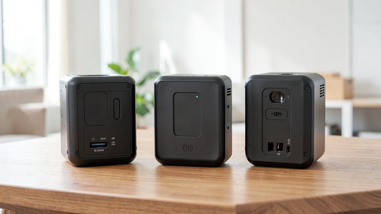 Three different sized portable power stations lined up on a wooden table