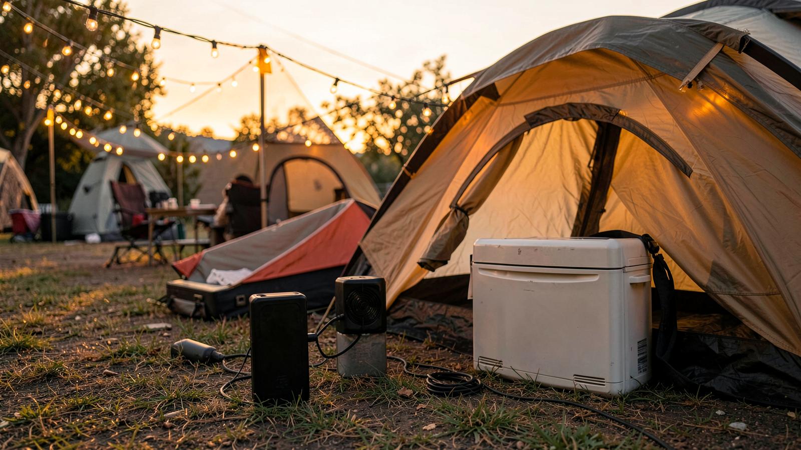 Portable power station beside a tent at a campsite at golden hour
